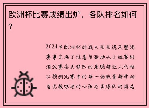 欧洲杯比赛成绩出炉，各队排名如何？